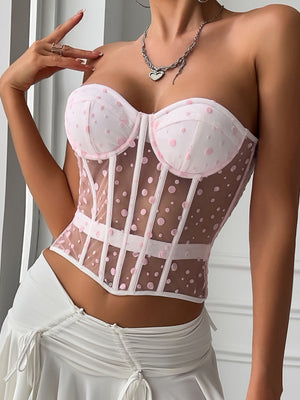 Polka Dots Fish Bones Lace Up Waist Shaping Bustier Tank Tops