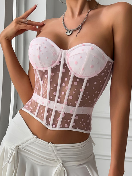 Polka Dots Fish Bones Lace Up Waist Shaping Bustier Tank Tops
