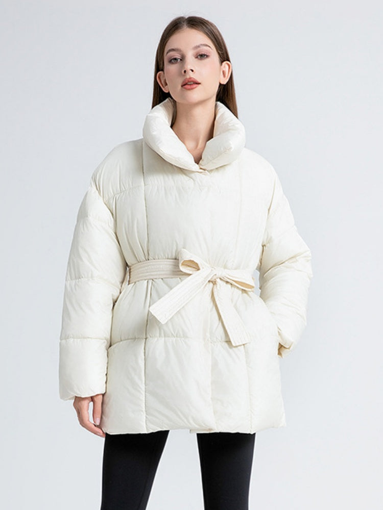 Stand Collar Tie Button Down Mid-length Warm Coat