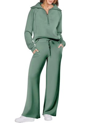 Women's Casual Sportswear Set: Zippered Long-Sleeved Sweatshirt And Wide-Leg Pants Two-Piece Set