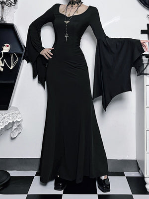 Halloween Batwing Sleeves Slim Fit Black Maxi Dresses
