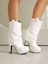 Patchwork Pleated High-heeled Mid-calf Women's Boots