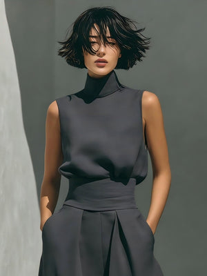 Turtleneck Simplicity Jacket High Waist Wide-leg Pants Set 2-piece Sets