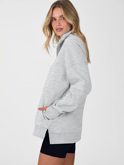 Women's Autumn/Winter Solid Color Half-Zip Long-Sleeve Side-Slit Sweatshirt