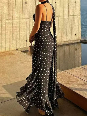 Sleeveless Polka Dot Scarf Collar Ruffled Spaghetti Strap Long Dress