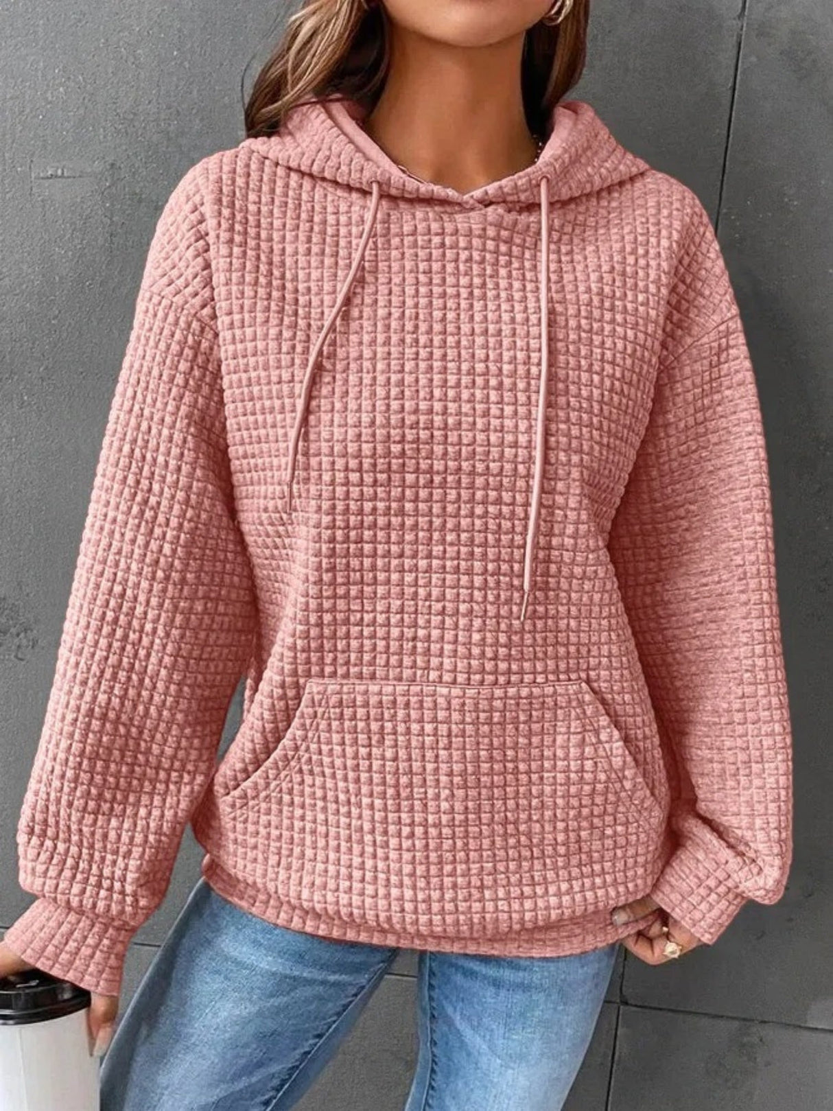 Waffle Drawstring Pocket Round Neck Long Sleeve Hoodie