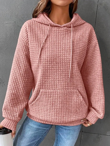 Waffle Drawstring Pocket Round Neck Long Sleeve Hoodie