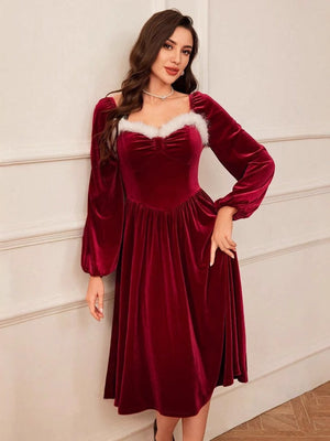 Christmas Long Sleeve Fur Collar Full Skirt Dress