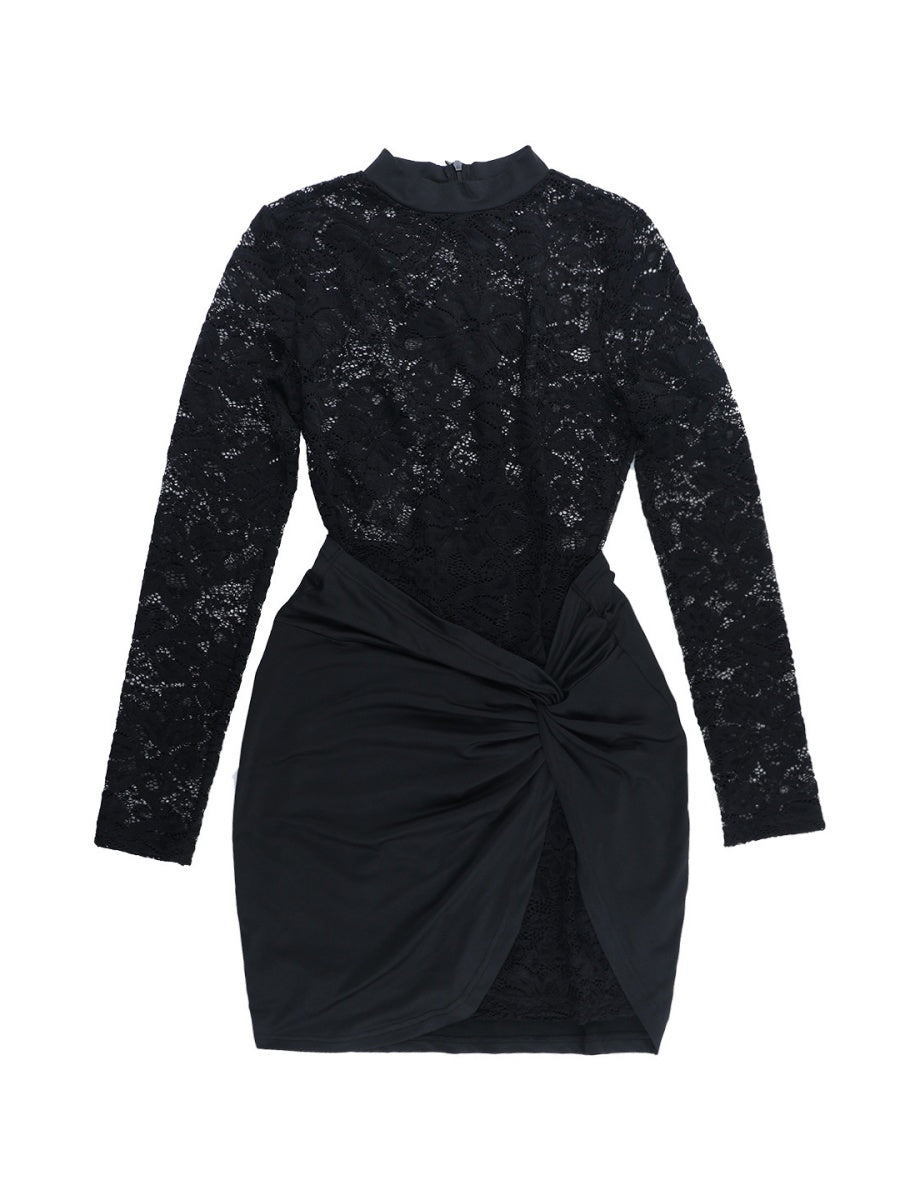 Lace Crew Neck Long Sleeve Ribbon Slim Fit Hip-hugging Mini&Short Dresses