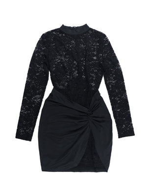 Lace Crew Neck Long Sleeve Ribbon Slim Fit Hip-hugging Mini&Short Dresses