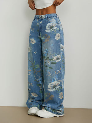 Loose Straight Wide Leg Floral Printed Jeans