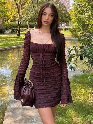 Square Collar Lace Trim Lace Up Long Sleeve Mini&Short Dresses
