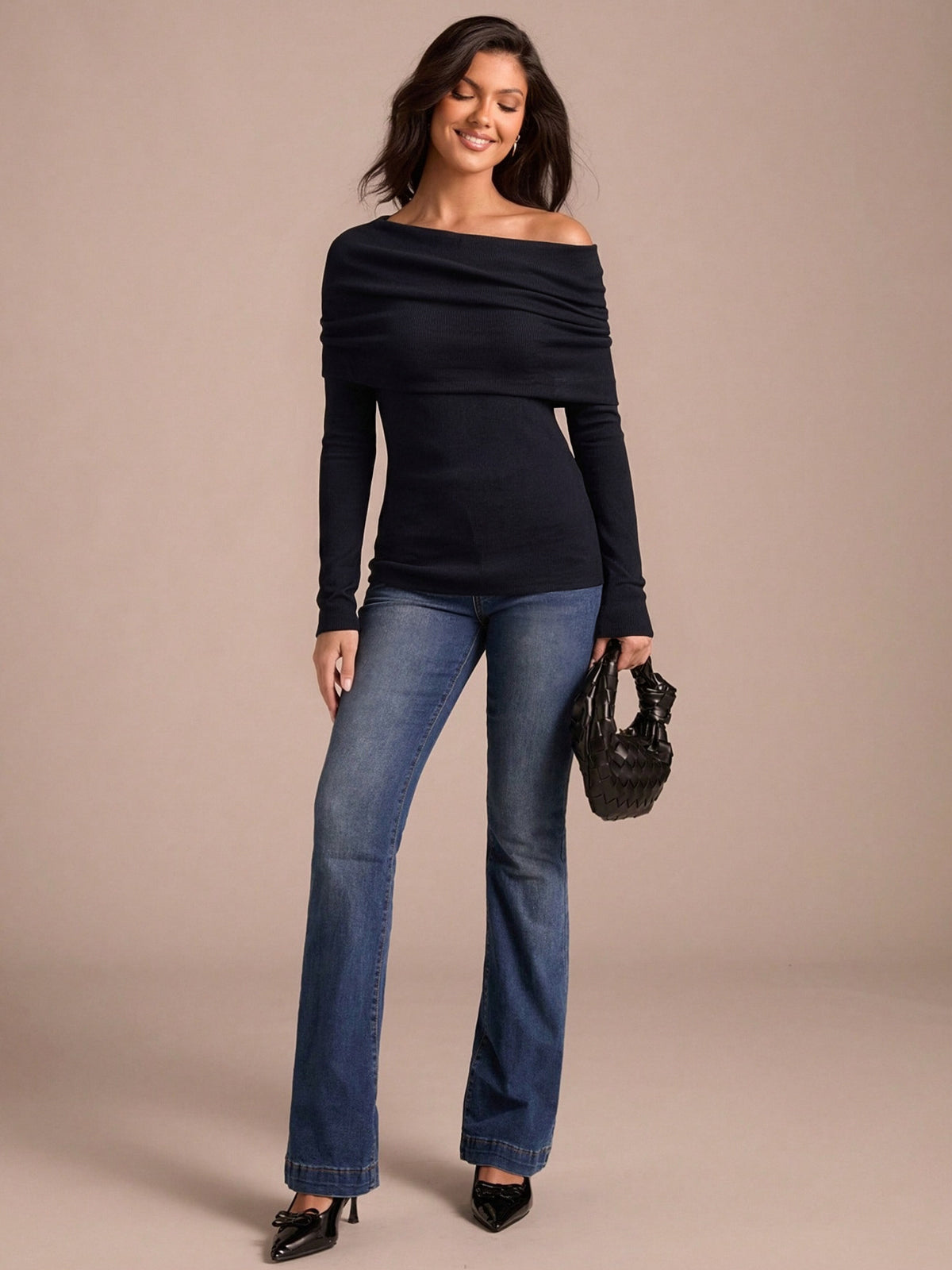 Wool Folded Off-shoulder Long-sleeved Sweater