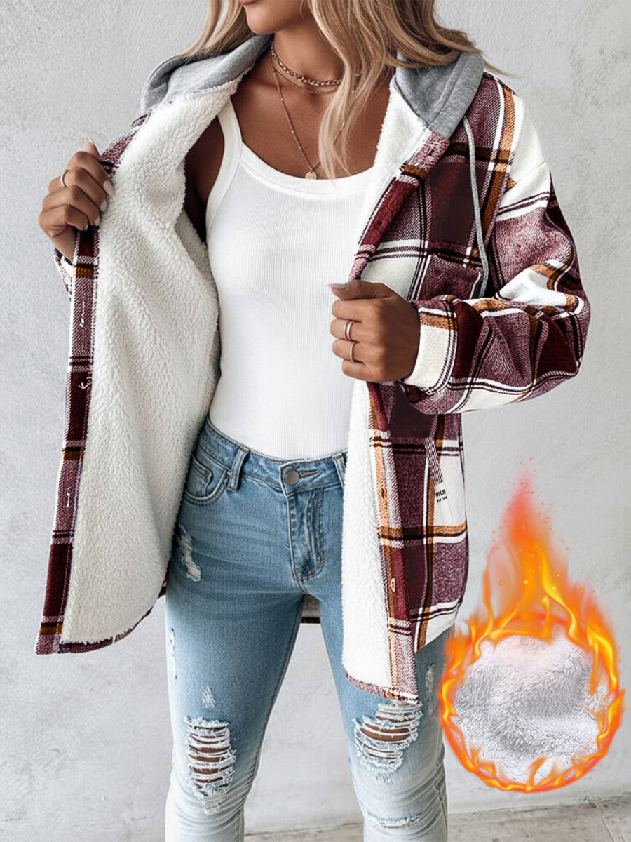 Karierte, langärmelige Plüsch-Kapuzenjacken