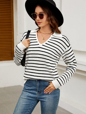 Liber Autumn Women's V-neck Contrasting colors Stripes Jacket Woolen