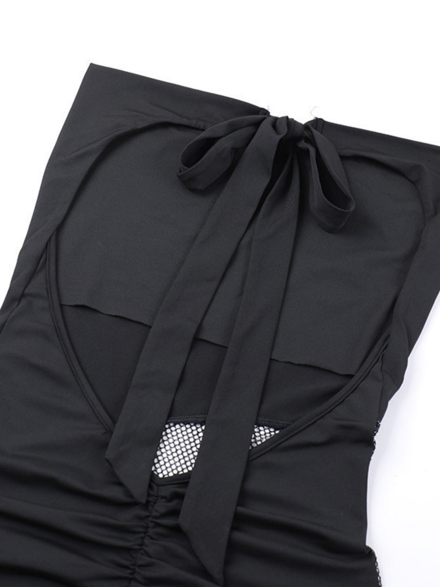 【EXPÉDITION NORMALE】Robes courtes et mini dos nu à col drapé et empiècements en maille scintillante