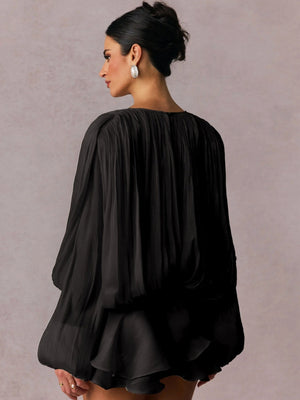 V-neck Straps Crimp Ribbon Wood Ear Solid Color Mini&Short Dresses