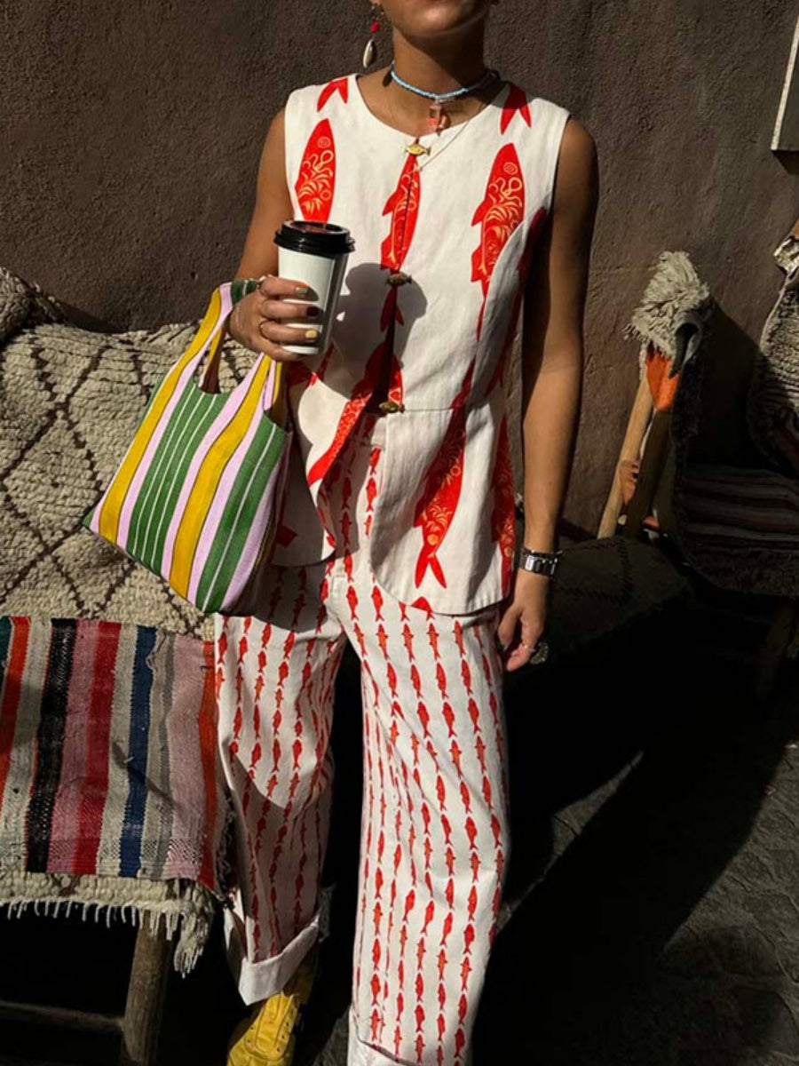 Buttons Fish-print Vest And Trousers Two-piece Set