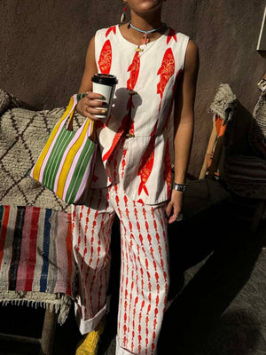 Buttons Fish-print Vest And Trousers Two-piece Set