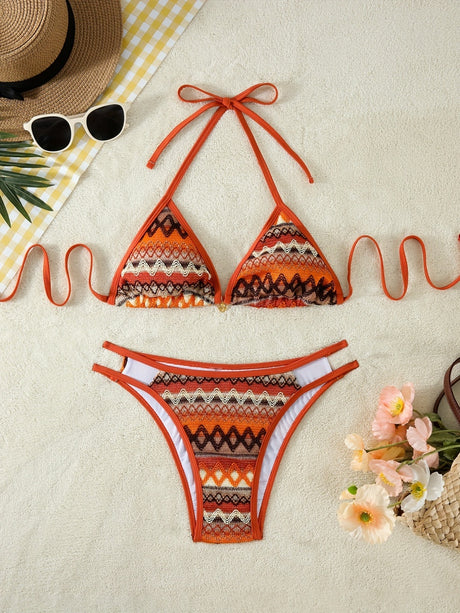Knitted Color-blocked Striped Tie-up Bikini