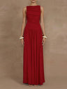 Slim-fit Pleated Solid Color Long Dress