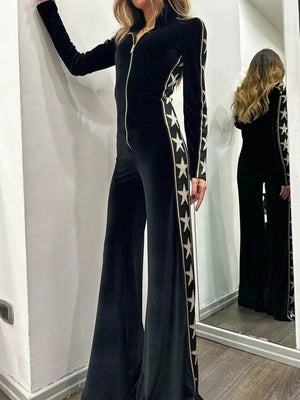 Velvet Patchwork Printed Long-sleeved Wide-leg Jumpsuit