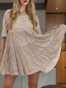 Sequins Pleated Multi-story Crew Neck Short Sleeve Mini&Short Dresses