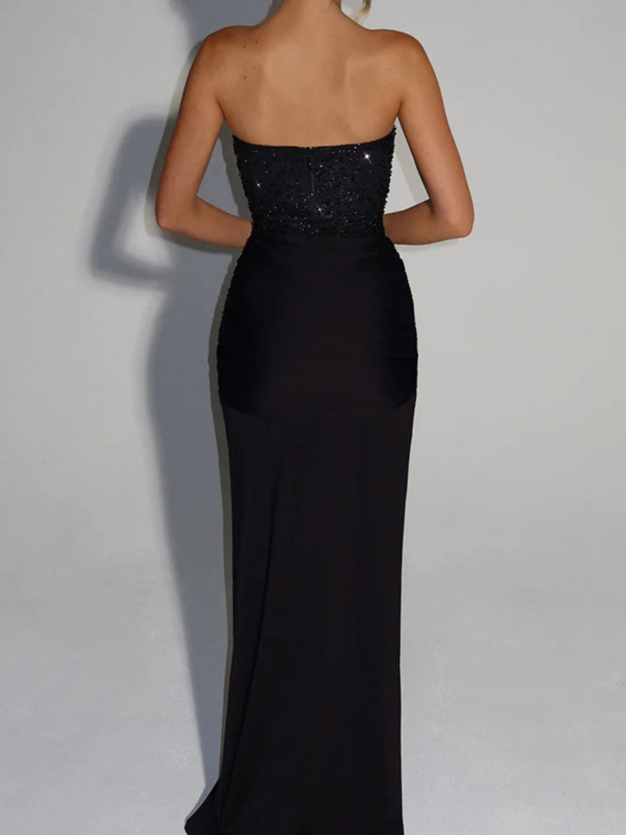 Sequins Tube Top Splicing Bandage Formal Dress Maxi Dresses