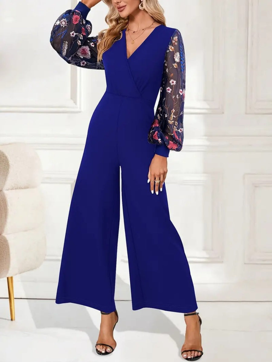 Blue V-neck Patchwork Embroidered Lantern Sleeves Bell-bottoms Commuting Jumpsuits