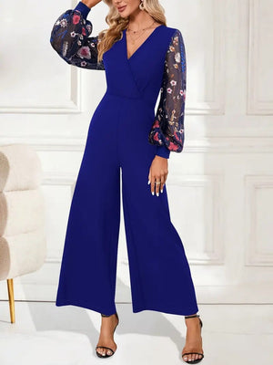 Blue V-neck Patchwork Embroidered Lantern Sleeves Bell-bottoms Commuting Jumpsuits