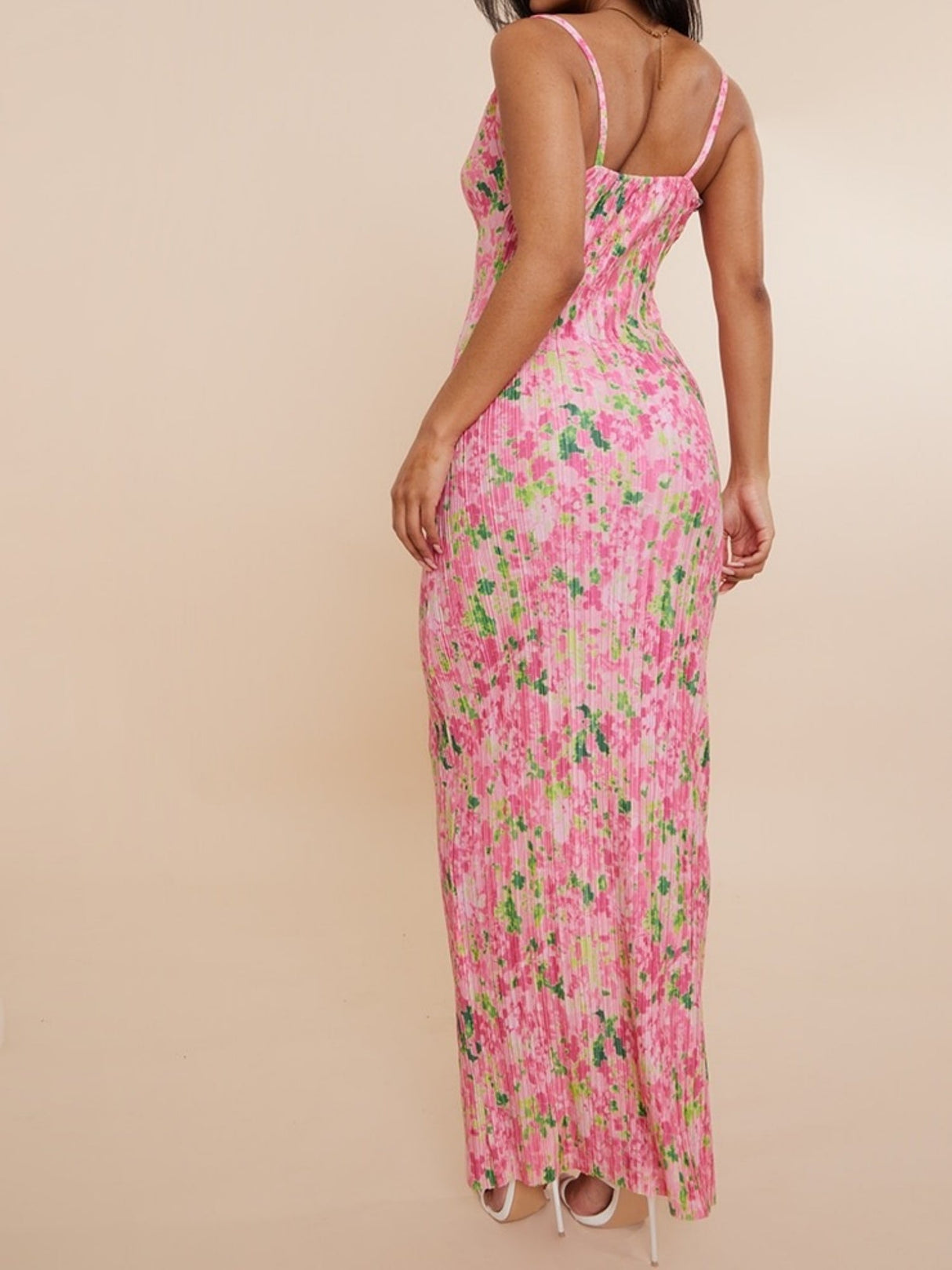 Floral Print Pleats On Suspenders Maxi Dresses