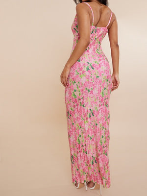 Floral Print Pleats On Suspenders Maxi Dresses