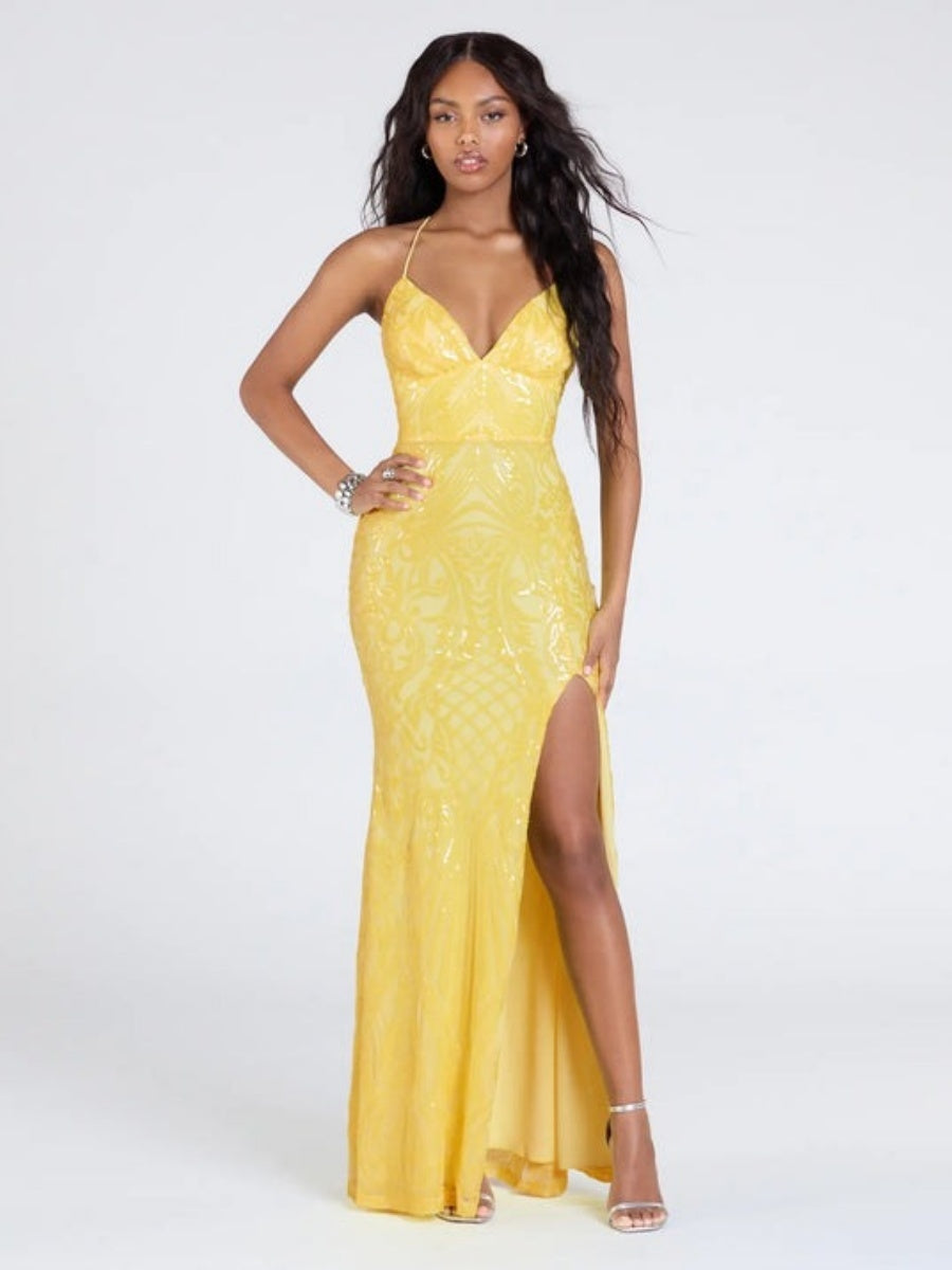 Robe longue de soirée bandage à sequins et décolleté en V