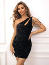 One Shoulder Sequins Chain Waist Shaping One-shoulder Sleeveless Mini&Short Dresses