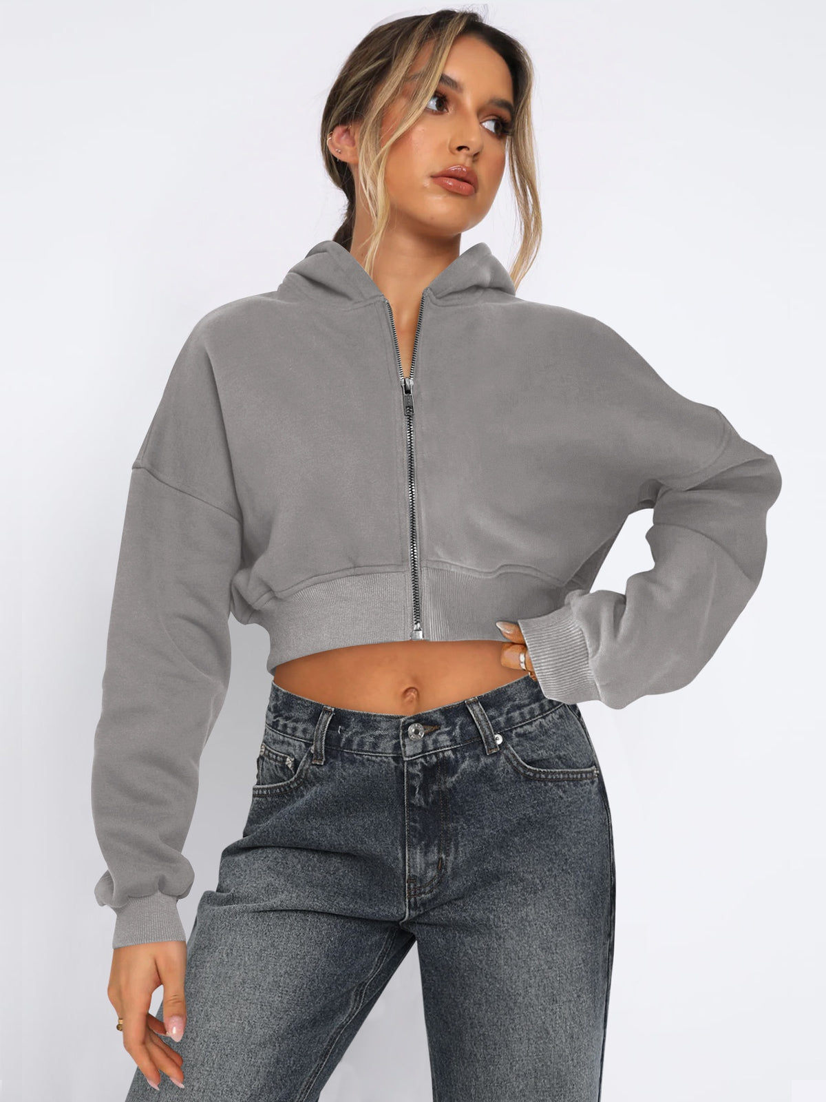 Women's Autumn/Winter Solid Color Zipper Cardigan Long Sleeve Short Hooded Sweatshirt