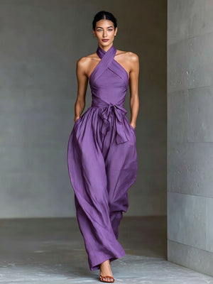 Lace-up Linen Cross-strap Wide-leg Jumpsuit