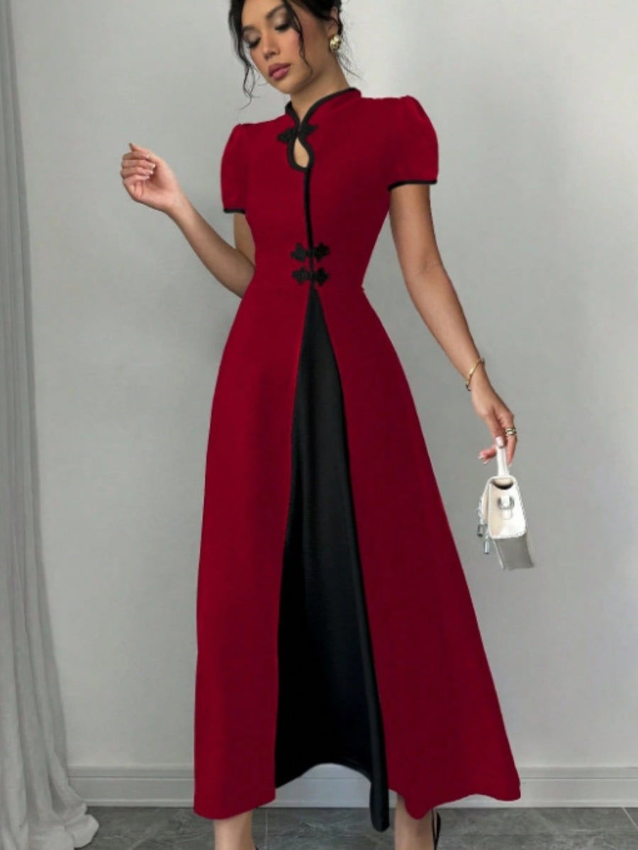 Long Dress With Puff Sleeves And Contrasting Chinese Knot Buttons