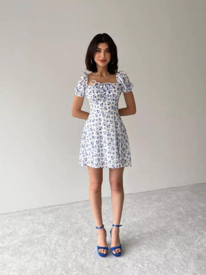 Zipper Floral Printed Short sleeve Mini&Short Dresses