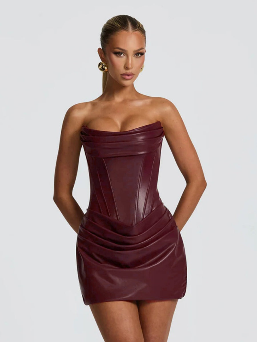 PU Pleated Fishbone Strapless A-line Bustier Mini&Short Dresses