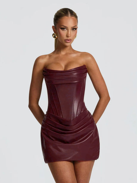 PU Pleated Fishbone Strapless A-line Bustier Mini&Short Dresses