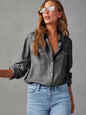 Lapel Single-breasted Long Sleeves Denim Shirt