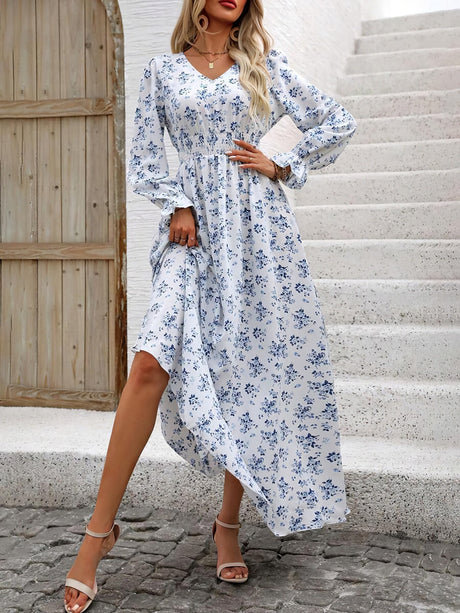 Floral Long Sleeve Square Collar Vacation And Leisure Maxi Dresses