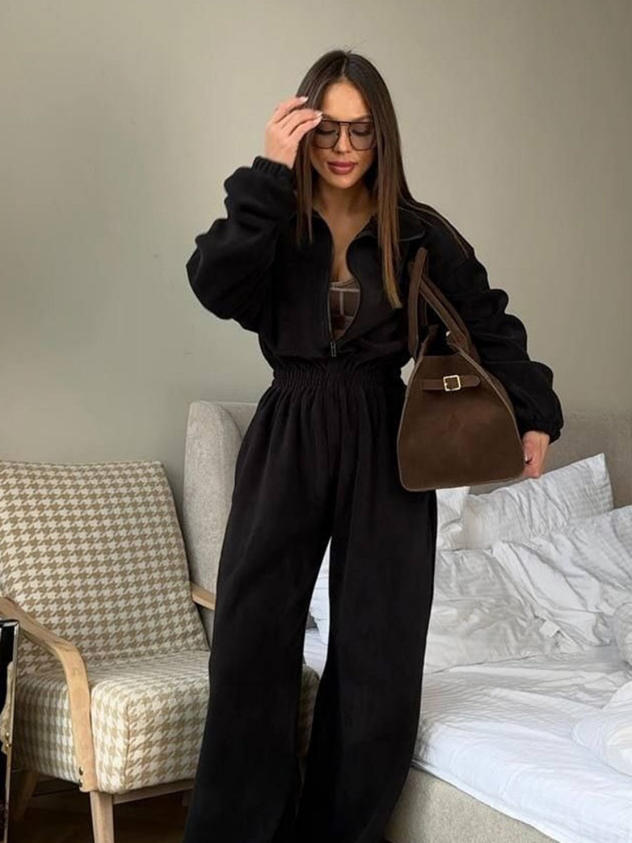 Liber Autumn women's one-piece suit solid color straight pants long-sleeved jumpsuit
