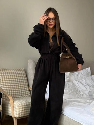 Liber Autumn women's one-piece suit solid color straight pants long-sleeved jumpsuit