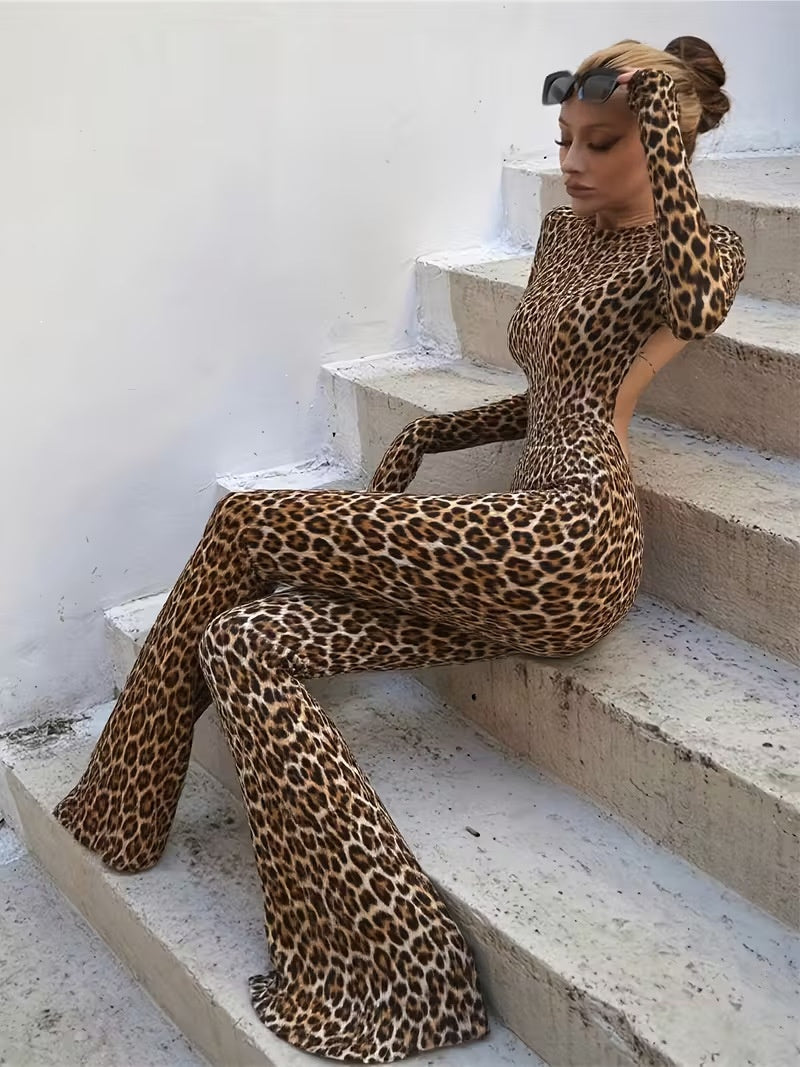 Leopard Print Fitted Floral Long-sleeved Backless Jumpsuit