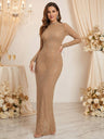Robe maxi brillante à manches longues en résille et strass, idéale pour les soirées