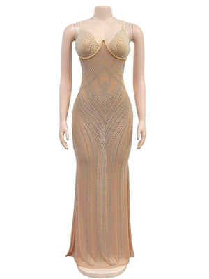 Sleeveless Bodycon Rhinestone Suspenders Slim-fit Party Shiny Maxi Dresses