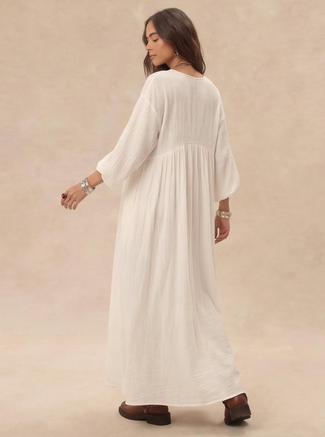 Cotton Blend Temperament V-neck Long Sleeve Loose-fit Home Vacation Mini&Short Dresses
