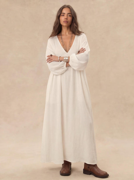 Cotton Blend Temperament V-neck Long Sleeve Loose-fit Home Vacation Mini&Short Dresses