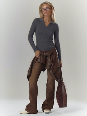Wool Polo Long-sleeved Pullover Sweater With Vertical Stripes